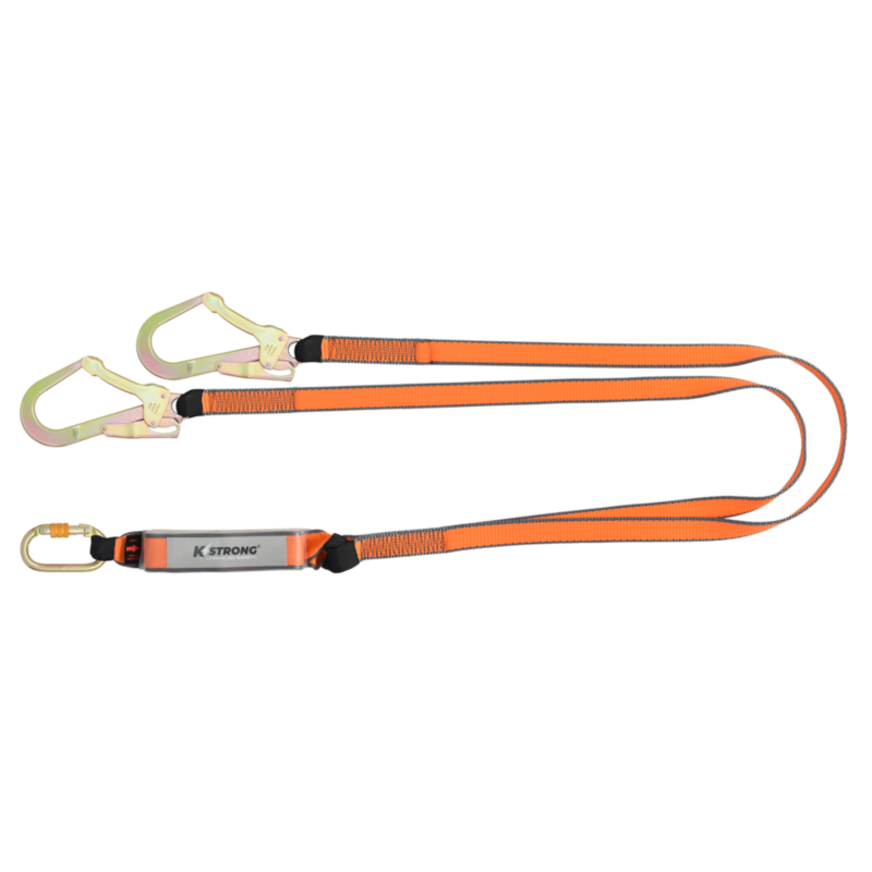 Essential Shock Absorbing Webbing Double Leg Lanyard with Steel Screw Locking Karabiner and Steel Scaffold Hook (1.5m)